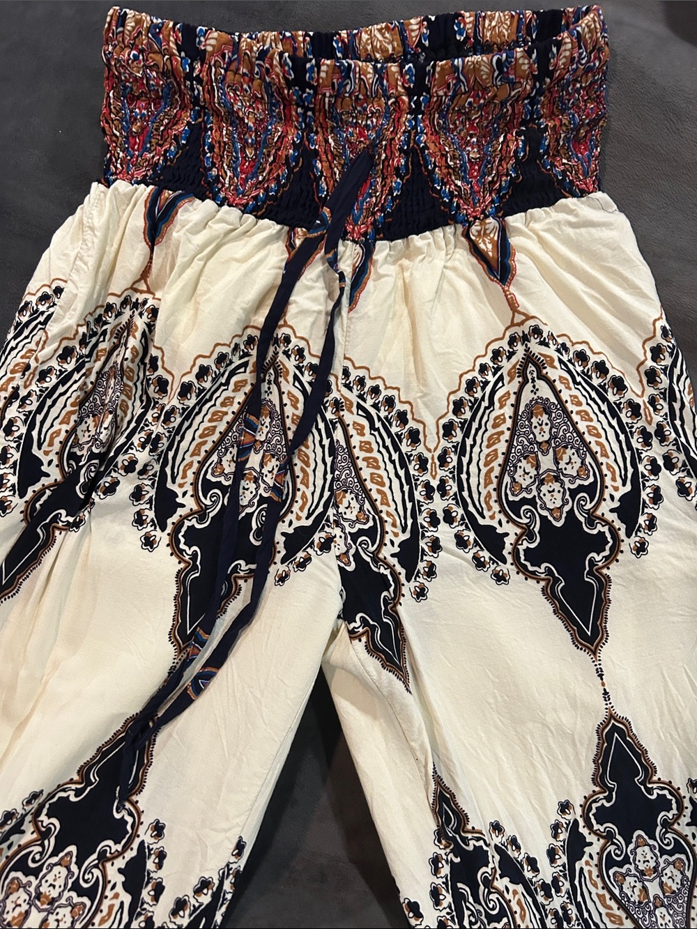 Bohemian Elastic-Waist Printed Palazzo Pants - Cream & Navy